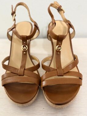 Michael Kors Tan Leather T-Strap Wedge Sandals with Gold MK Accent